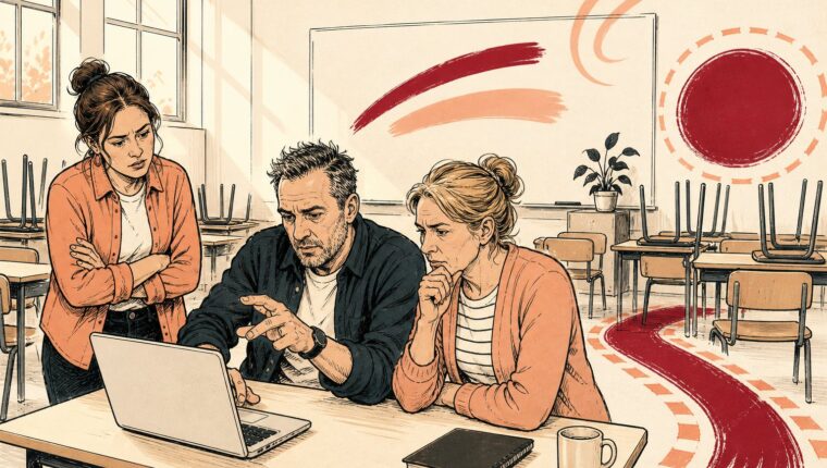 Illustratie: een ICT-coordinator en een docent kijken samen naar een laptop in een leeg klaslokaal.