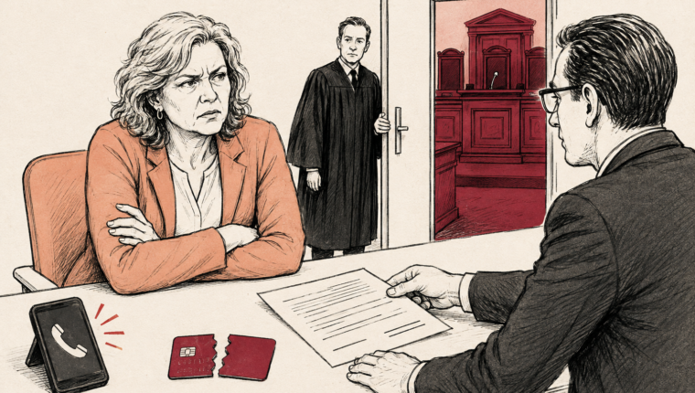 Vrouw tegenover een bankmedewerker die een formulier terugschuift, op de achtergrond een bode die de deur naar een rechtszaal openhoudt