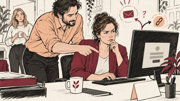 Illustratie van een kantoormedewerker die wantrouwig naar een inlogscherm op haar monitor kijkt terwijl een collega naar het scherm wijst