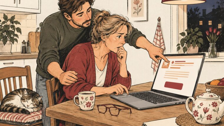 Vrouw aan de keukentafel twijfelt bij een oranje mail op haar laptop terwijl haar zoon naar de afzender wijst