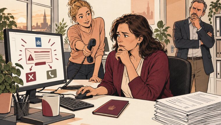 Compliance-medewerker aarzelt bij een dringende overheidsmail terwijl een collega haar de telefoon aanreikt om eerst terug te bellen